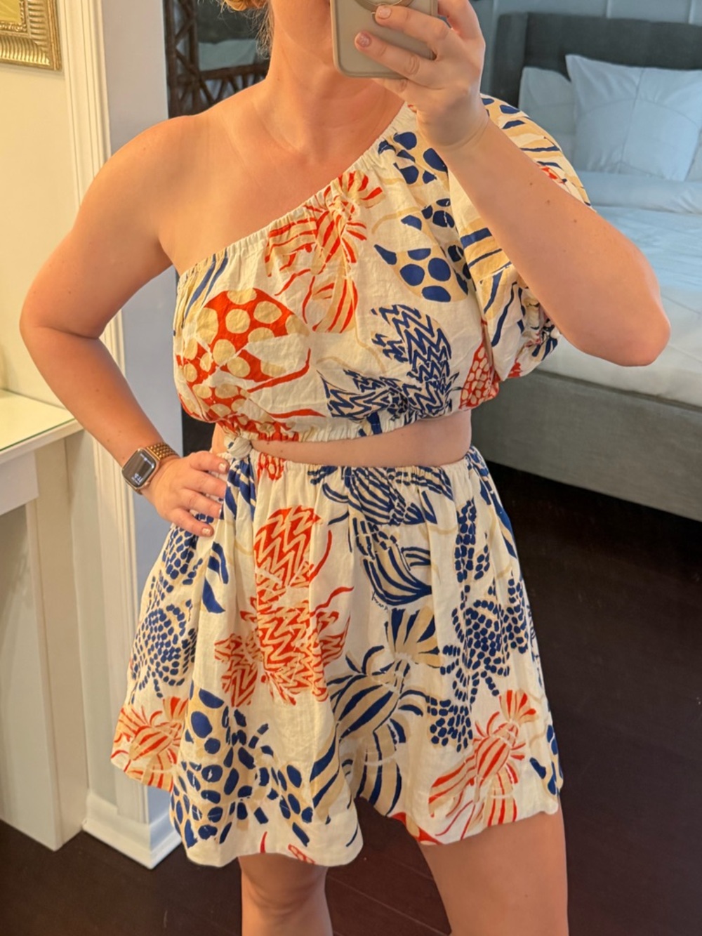 FARM Rio One-Shoulder Floral Mini Dress in White, Blue & Orange